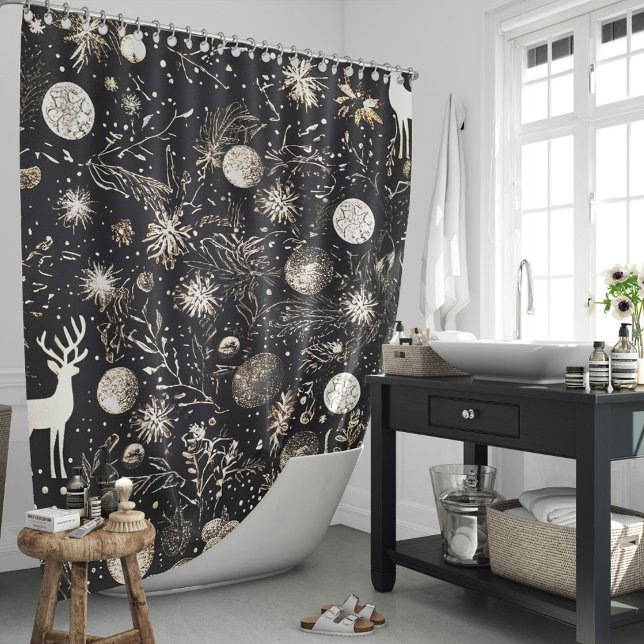 Cortina De Ducha Navidades elegantes Festividad moderna negra (Elegant Christmas Black Modern Festive Shower Curtain)