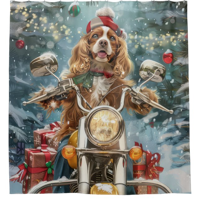 Cortina De Ducha Navidades en motocicleta de Cocker Spaniel Dog Rid (Anverso)