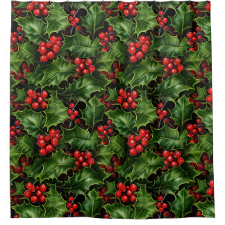 Cortina De Ducha Navidades Holly Leasing Y Red Berries Pattern