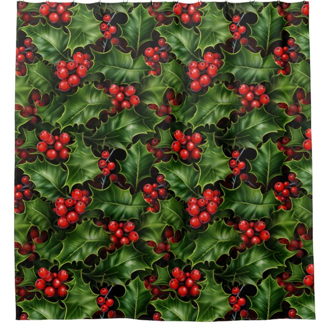 Cortina De Ducha Navidades Holly Leasing Y Red Berries Pattern (Anverso)
