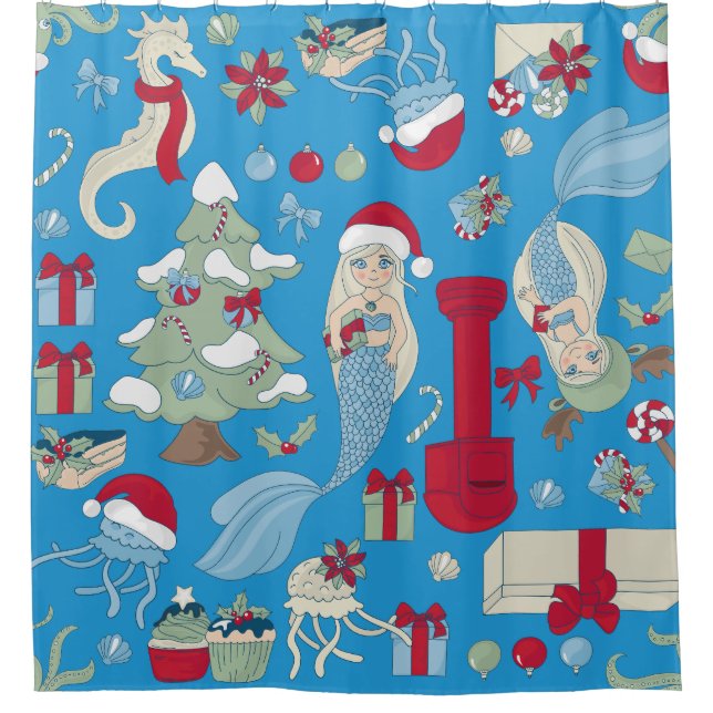 Cortina De Ducha navidades oceánicos mermaid seahorse santa jellyfi (Anverso)