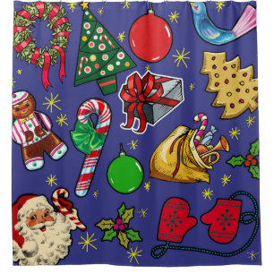 Cortina De Ducha Navidades retro Vintage color azul rojo verde