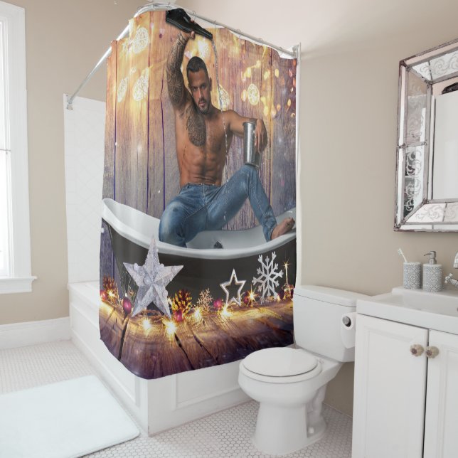 Cortina De Ducha Navidades SlipperyJoe estrellas doradas luces moja (In situ)