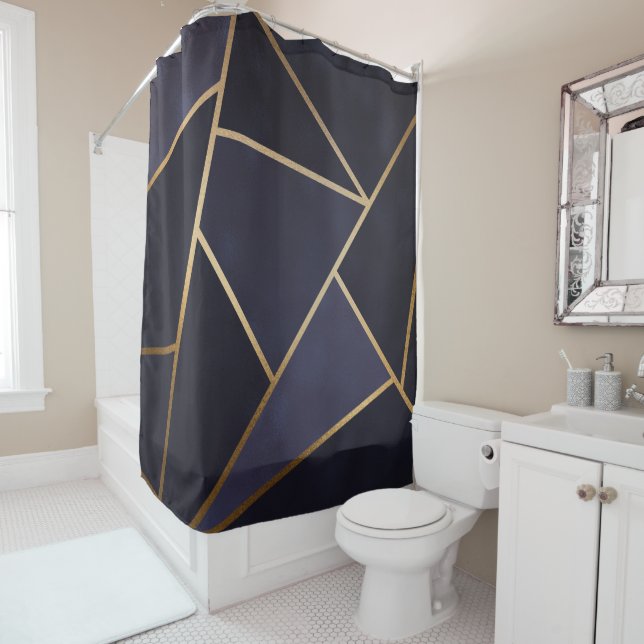 Cortina De Ducha Navy Blue Gold Triángulos Geométrico Elegante Clás (In situ)
