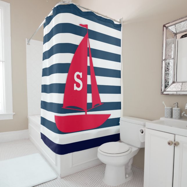 Cortina De Ducha Navy Blue White Strin Monograma Red Boat Nautical (In situ)