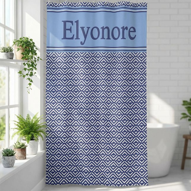 Cortina De Ducha Navy Geometric Chevron Name Design (Subido por el creador)