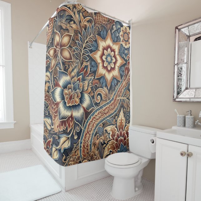 Cortina De Ducha Navy Terracotta Boho Batik acuarela floral (In situ)