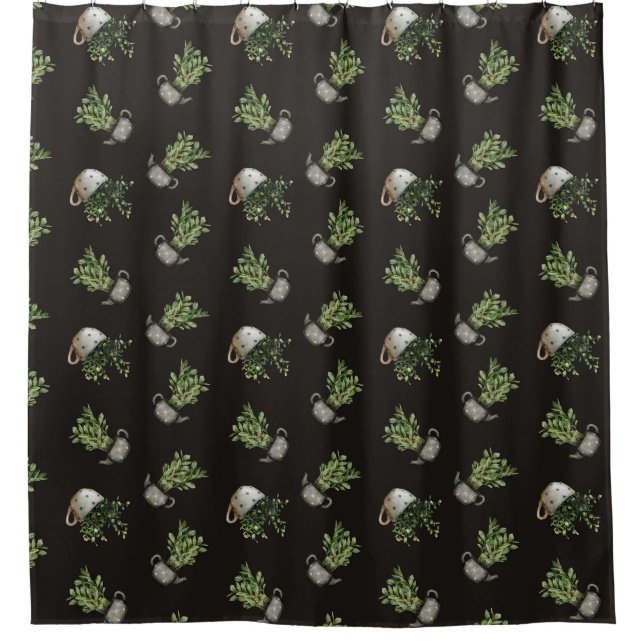 Cortina de ducha negra con estampado de una fábric (Anverso)