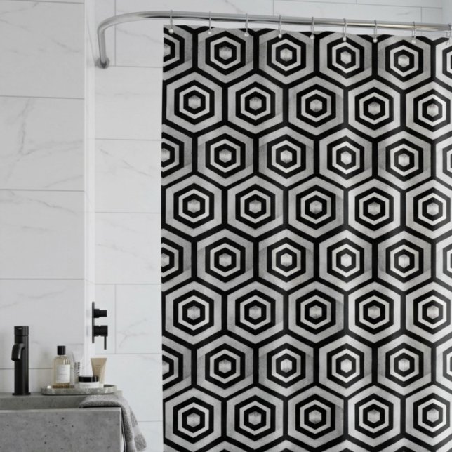 Cortina de ducha negro blanco hexágono geométrico (Subido por el creador)