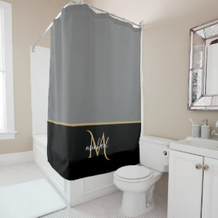 Cortina De Ducha Negro   Gris y Monograma Dorado Elegante Lujo