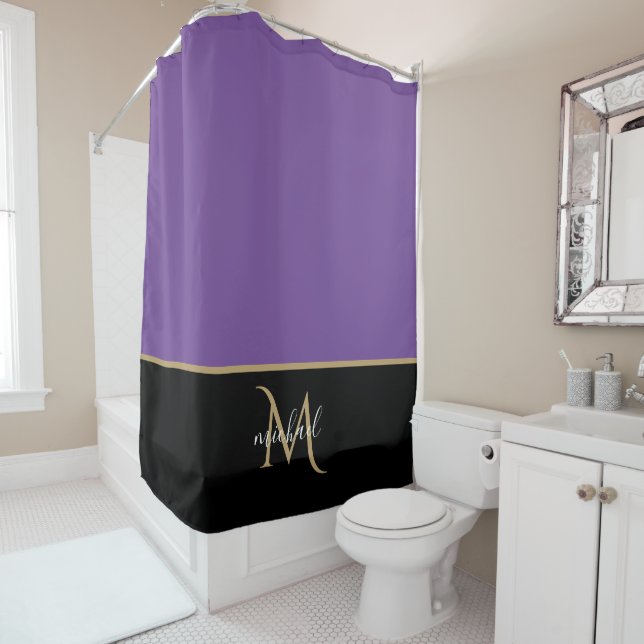 Cortina De Ducha Negro | Monograma Purple & Gold Elegante Lujo (In situ)