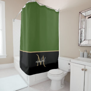 Cortina De Ducha Negro   Monograma Verde y Dorado Elegante Lujo
