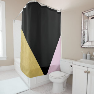 Cortina De Ducha Negro Oro y Color Rosa Bloque Mod Glam Triángulos