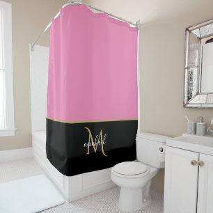 Cortina De Ducha Negro   Rosa y Monograma de Oro Elegante Lujo
