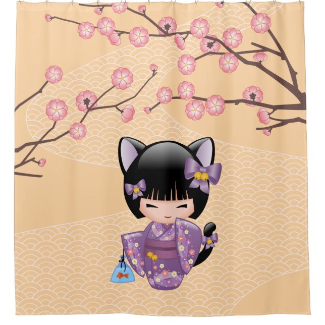 Cortina De Ducha Neko Kokeshi Gato Oro Geisha Chica Amarillo (Anverso)