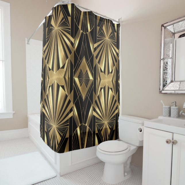 Cortina De Ducha Neo Art Deco Black Gold Geometric Gatsby  (In situ)