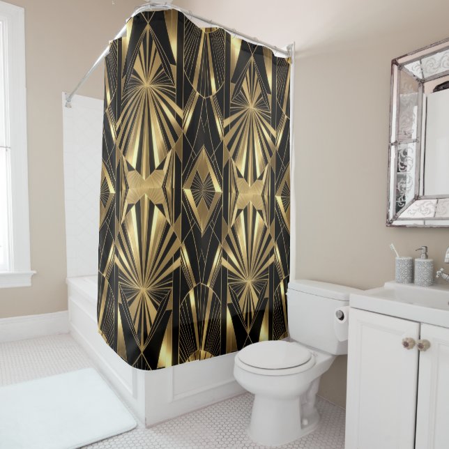 Cortina De Ducha Neo Art Deco Black Gold Geometric Gatsby Bathroom (In situ)