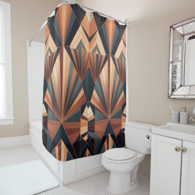 Cortina De Ducha Neo Art Deco Teal Copper Geometric Sunburst (In situ)
