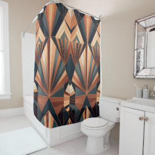Cortina De Ducha Neo Art Deco Turquesa Cobre Explosión de Sol Geomé