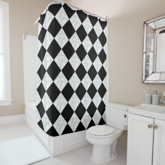 Cortina De Ducha Neo Deco Black and Faux White Marble Checkerboard