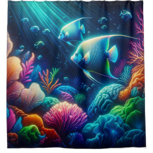 Cortina De Ducha "Neon Angelfish Coral Reef Art"