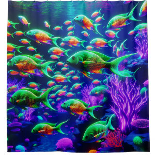 Cortina De Ducha "Neon Fish Wonderland - Vibrante Arte Subacuático"