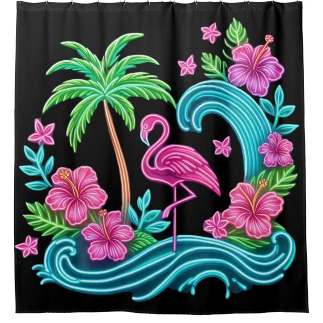 Cortina De Ducha Neon Flamingo Tropical (Anverso)