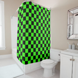 Cortina De Ducha Neon Green Black Checkered Checkerboard Vintage