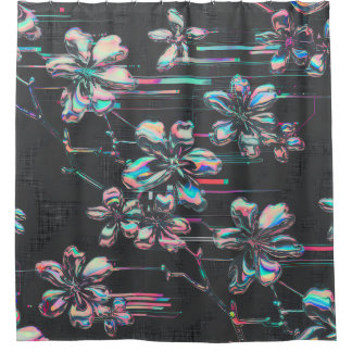 Cortina De Ducha Neon Sakura Glitch – Futuristisches Blumenmuster