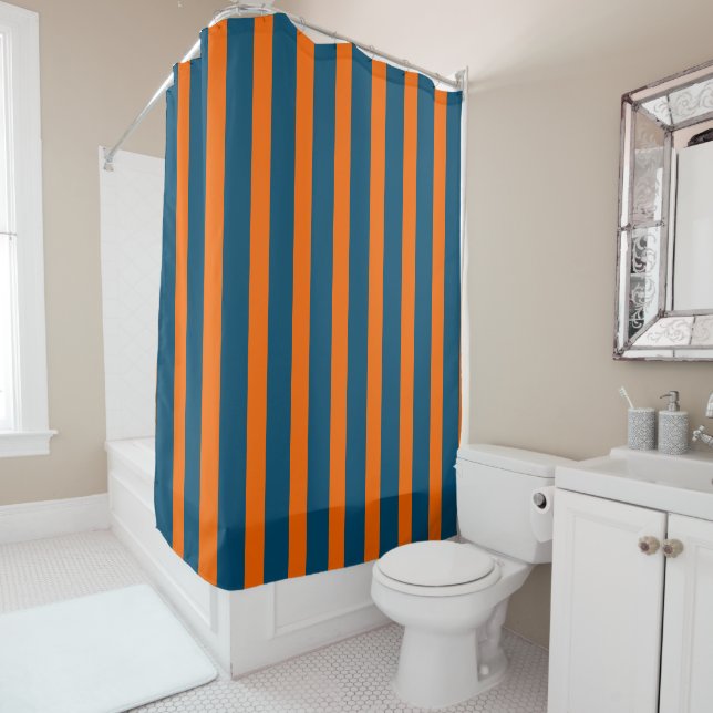 Cortina De Ducha Neon Sunset Naranja y Ocean Blue Guay Striping (In situ)
