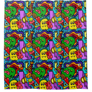 Cortina De Ducha Niños super divertidos Doodle Criaturas Blue Red G