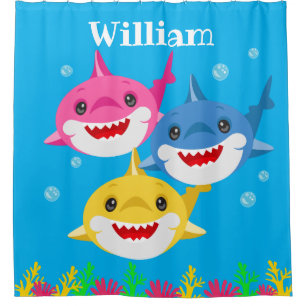 Cortina De Ducha Niños tiburones amarillos y familia personalizada