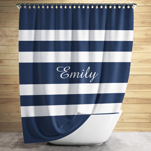 Cortina De Ducha Nombre de franjas azules modernas (Modern Blue Stripes Name Shower Curtain)