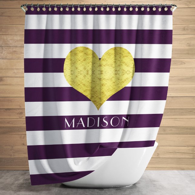 Cortina De Ducha Nombre de franjas moradas modernas (Purple White Striped Pattern Name Gold Heart Shower Curtain)