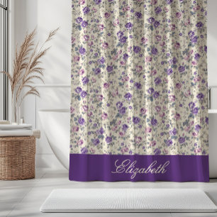 Cortina De Ducha Nombre de letra cursiva floral púrpura vintage