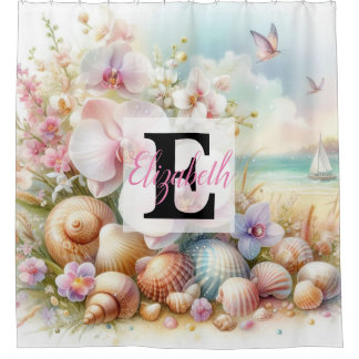 Cortina De Ducha Nombre de monograma en acuarela Flores marinas con