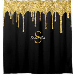 Cortina De Ducha Nombre de Monograma Negro con Drips de Brillo Dora