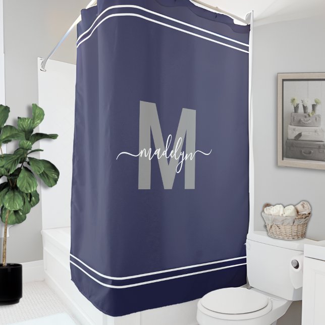 Cortina De Ducha Nombre elegante Monograma Marina Azul (Elegant Name Monogram Navy Blue Shower Curtain)