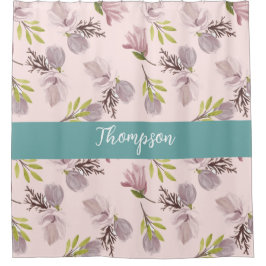 Cortina De Ducha Nombre familiar moderno lindo floral Script rosa, 