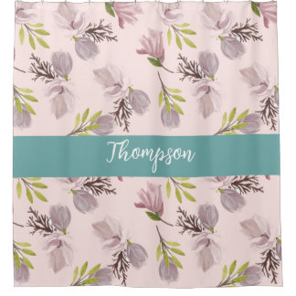 Cortina De Ducha Nombre familiar moderno lindo floral Script rosa,