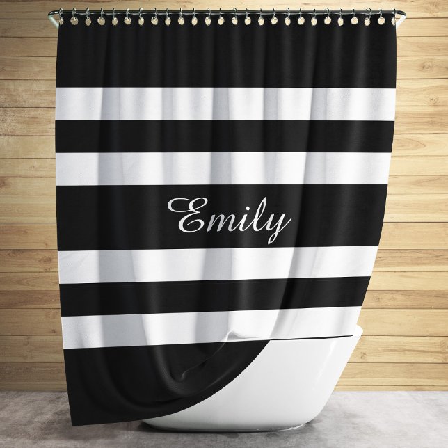 Cortina De Ducha Nombre Personalizado Bandas Negrita Negra Y Blanca (Modern Black And White Stripes Pattern Shower Curtain)