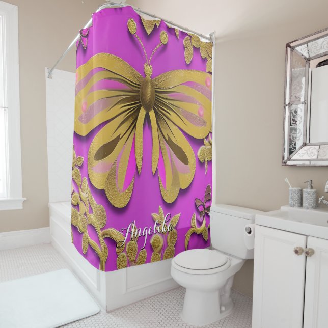 Cortina De Ducha Nombre personalizado de la mariposa dorada rosada  (In situ)