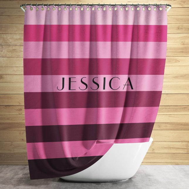 Cortina De Ducha Nombre personalizado del patrón rayado rosado (Modern Pink Striped Pattern Shower Curtain)