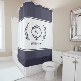 Cortina De Ducha Nombre Personalizado Monograma Inicial Azul Blanco