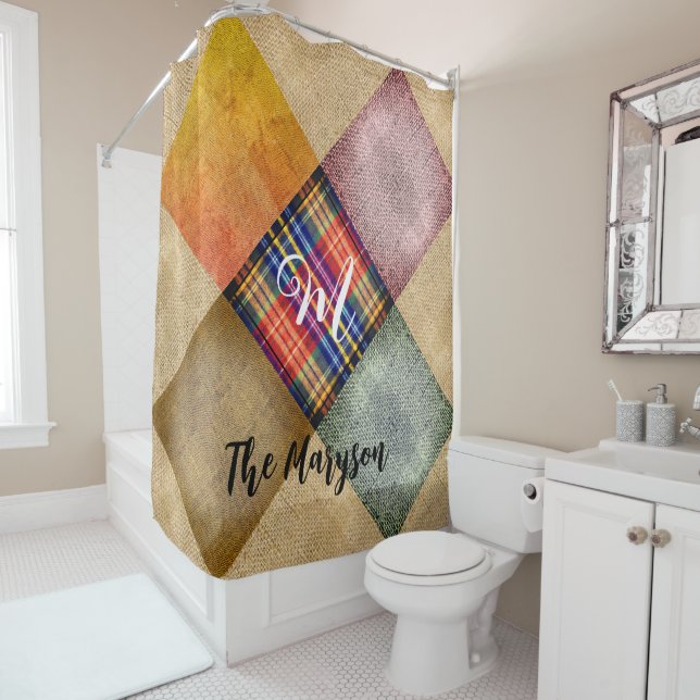 Cortina De Ducha Nombre Rústico Monograma Jute Burlap (In situ)