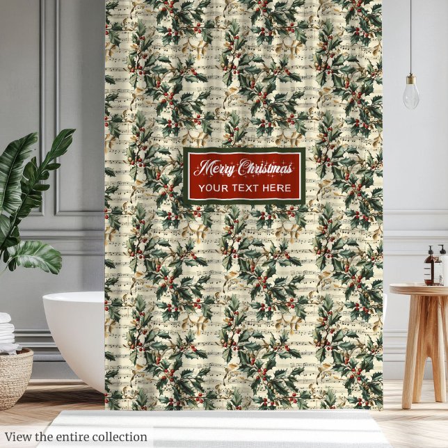 Cortina De Ducha Nostálgicos villancicos de Navidad holly berries (Nostalgic vintage Christmas carols holly berries Shower Curtain)