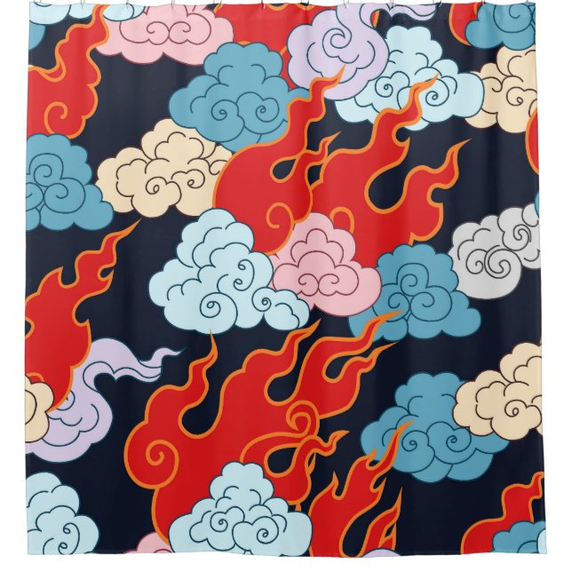 Cortina De Ducha Nubes, llamas: Patrón de cosecha negra. (Anverso)