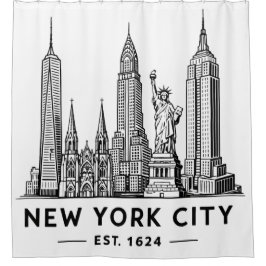 Cortina De Ducha NYC Skyline Illustration with Statue of Liberty