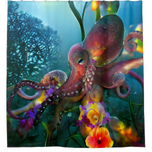 Cortina De Ducha Octopus Jardín Colorido Tropical Azul Submarino