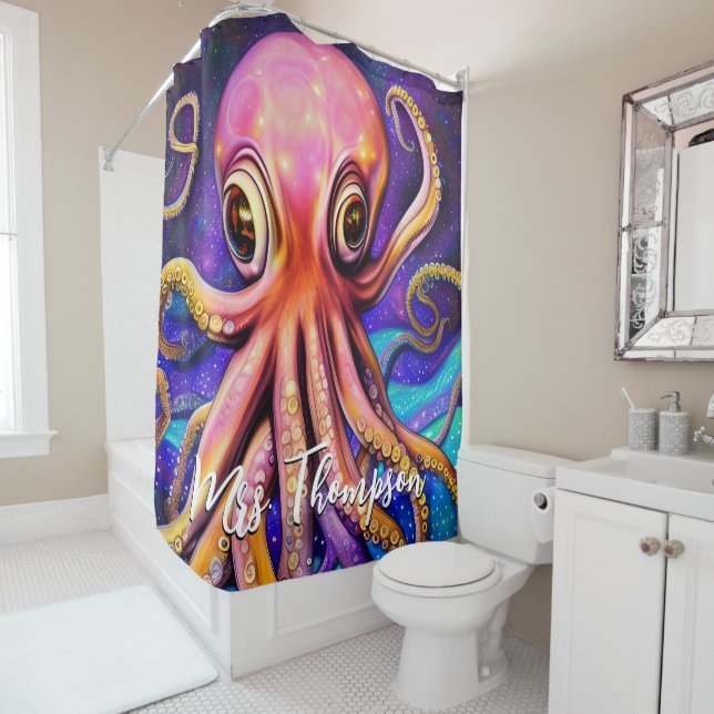 Cortina De Ducha Octopus oceánico con nombre personalizado (In situ)